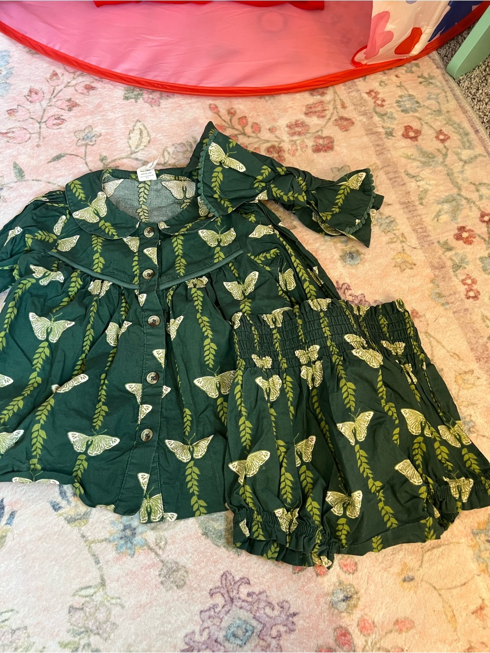 kate quinn Dark Green Butterfly Print Girls Matching Set with Headband